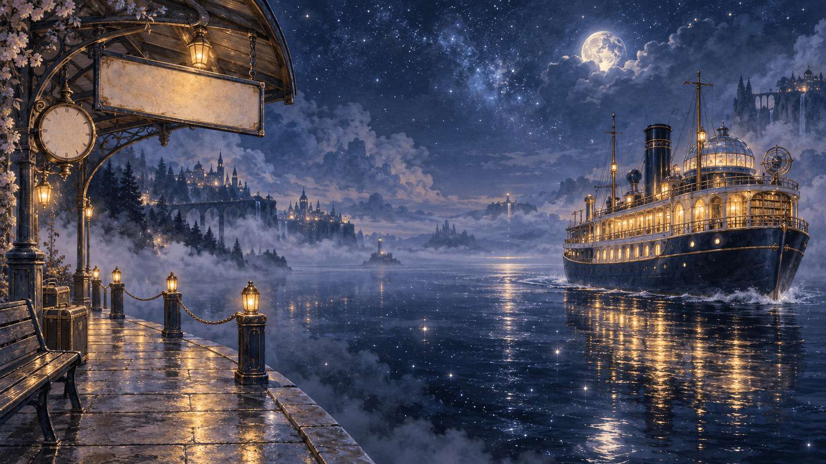 夜色中等待旅人的夜航站台与夜航船
